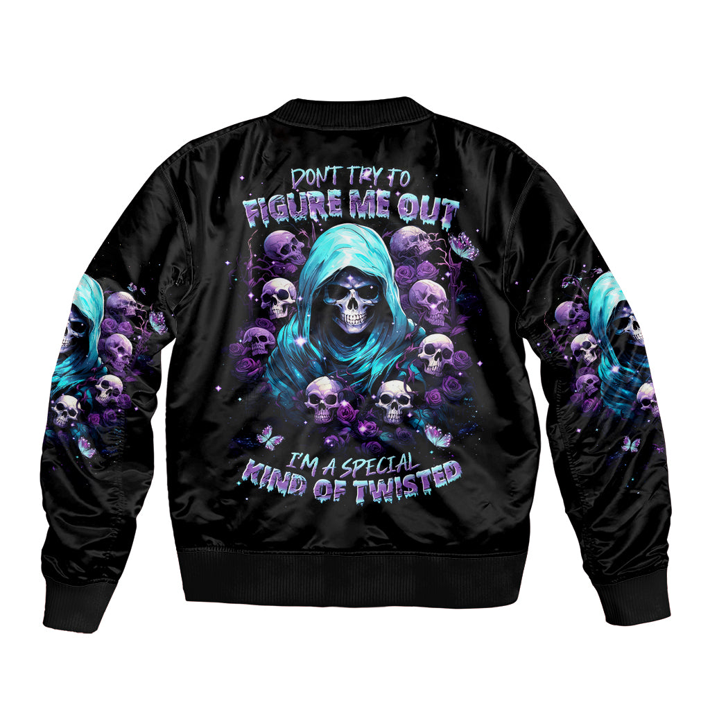 Black bomber jacket with skull artwork on back and colorful rebellious text graphic