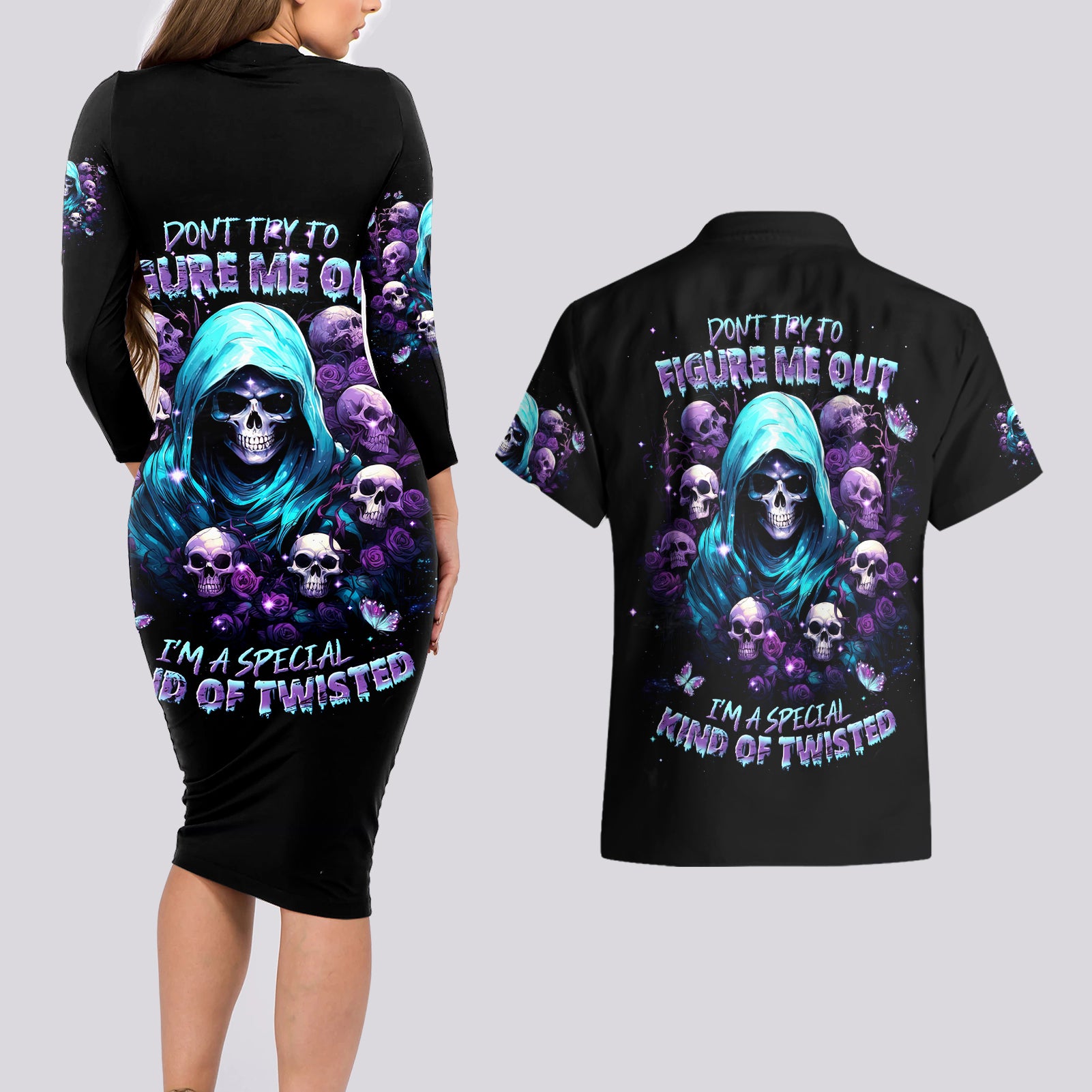 Reaper Skull Couples Matching Long Sleeve Bodycon Dress and Hawaiian Shirt Don't Try To Figure Me Out - Wonder Print Shop