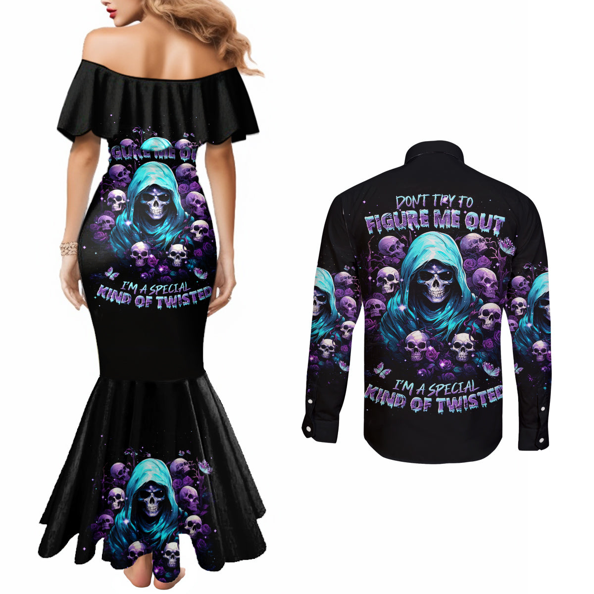 Reaper Skull Couples Matching Mermaid Dress and Long Sleeve Button Shirt Don't Try To Figure Me Out