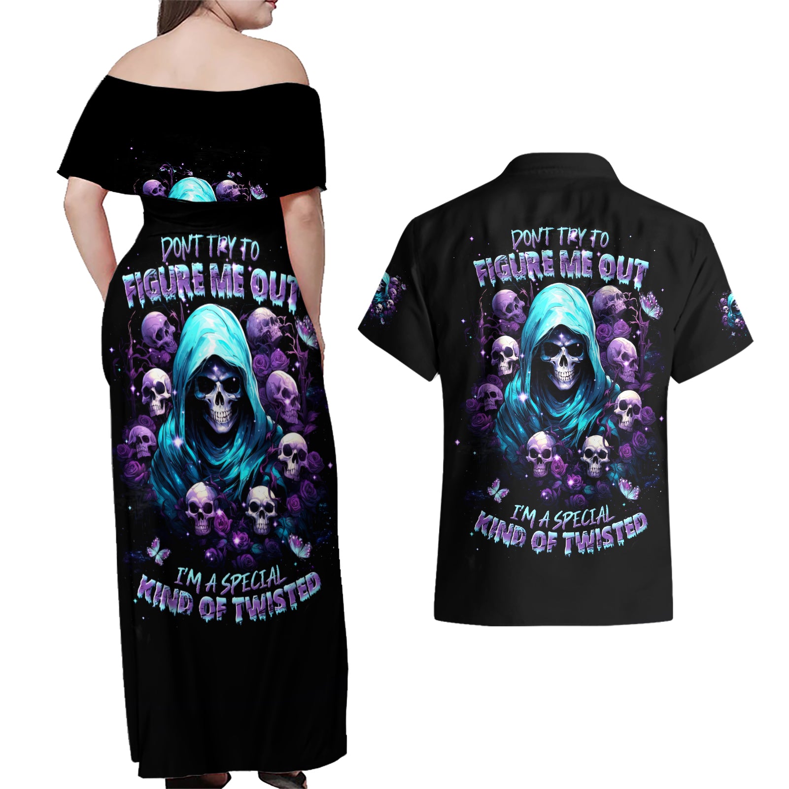 Reaper Skull Couples Matching Off Shoulder Maxi Dress and Hawaiian Shirt Don't Try To Figure Me Out - Wonder Print Shop