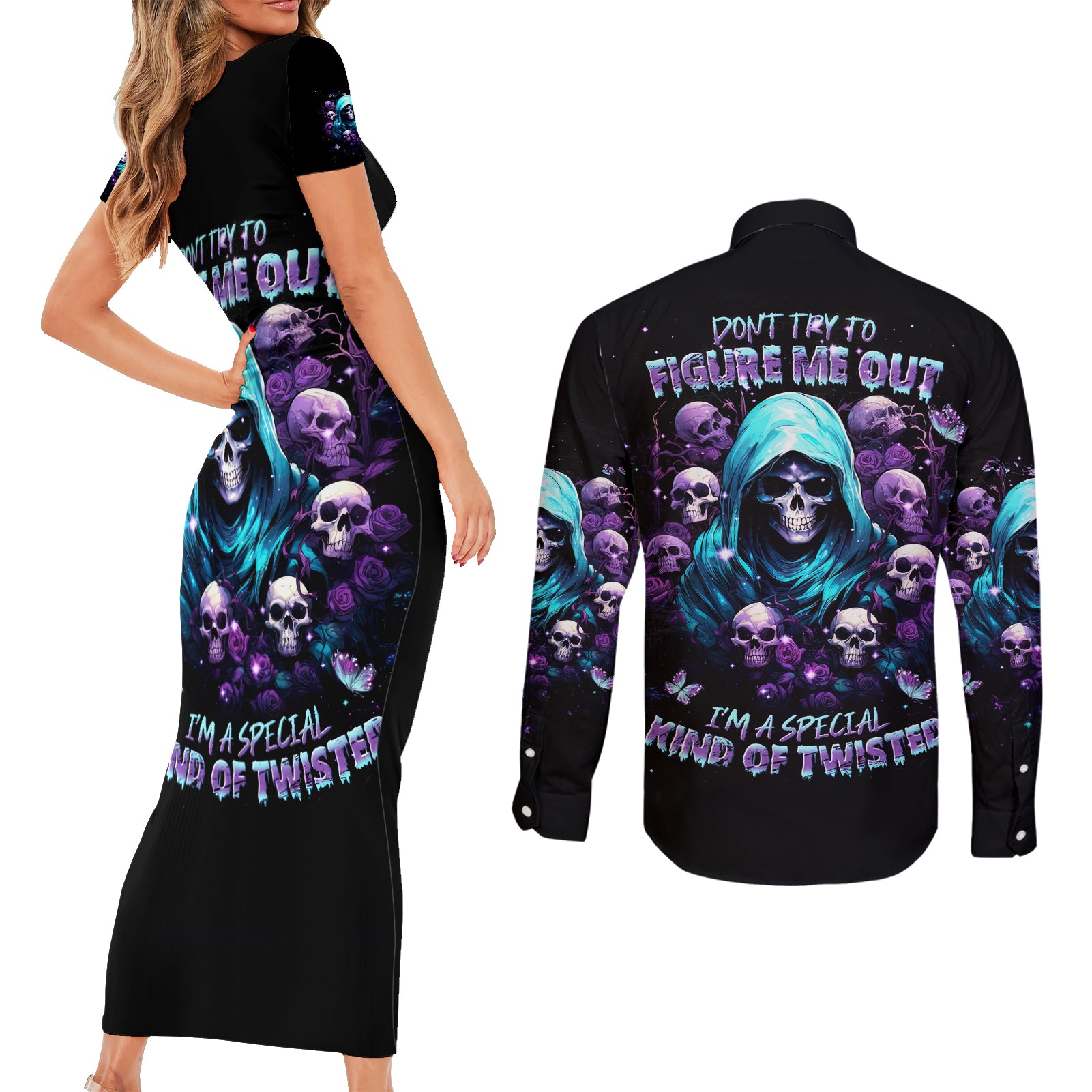 Reaper Skull Couples Matching Short Sleeve Bodycon Dress and Long Sleeve Button Shirt Don't Try To Figure Me Out - Wonder Print Shop