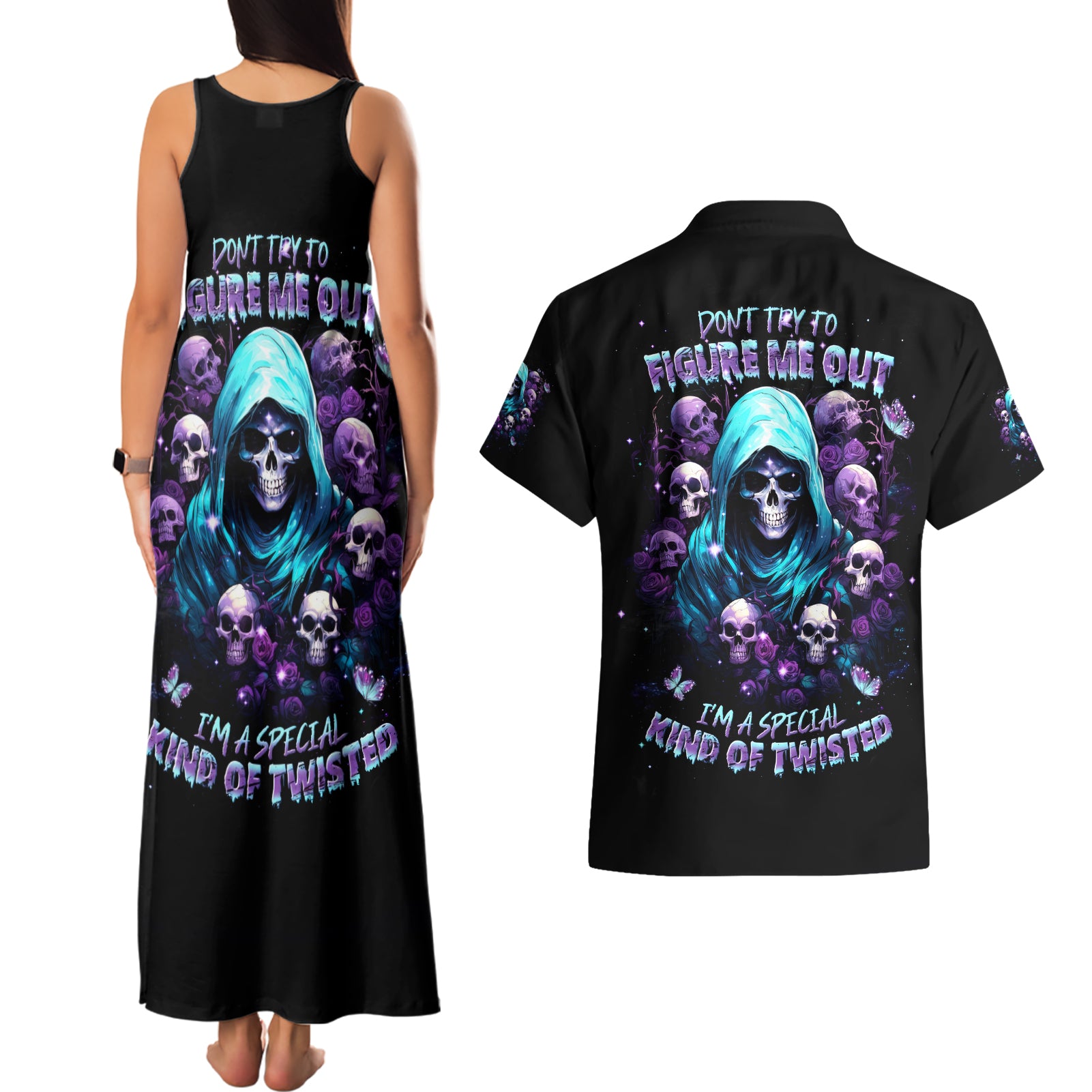 Reaper Skull Couples Matching Tank Maxi Dress and Hawaiian Shirt Don't Try To Figure Me Out - Wonder Print Shop