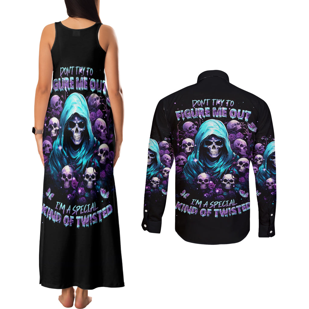 Reaper Skull Couples Matching Tank Maxi Dress and Long Sleeve Button Shirt Don't Try To Figure Me Out - Wonder Print Shop