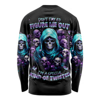 Black long sleeve shirt with colorful skull graphics and warning text