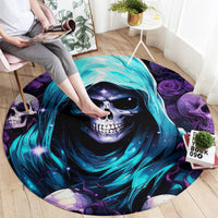 Round skull graphic carpet with teal-blue swirl hood and purple roses, round edge