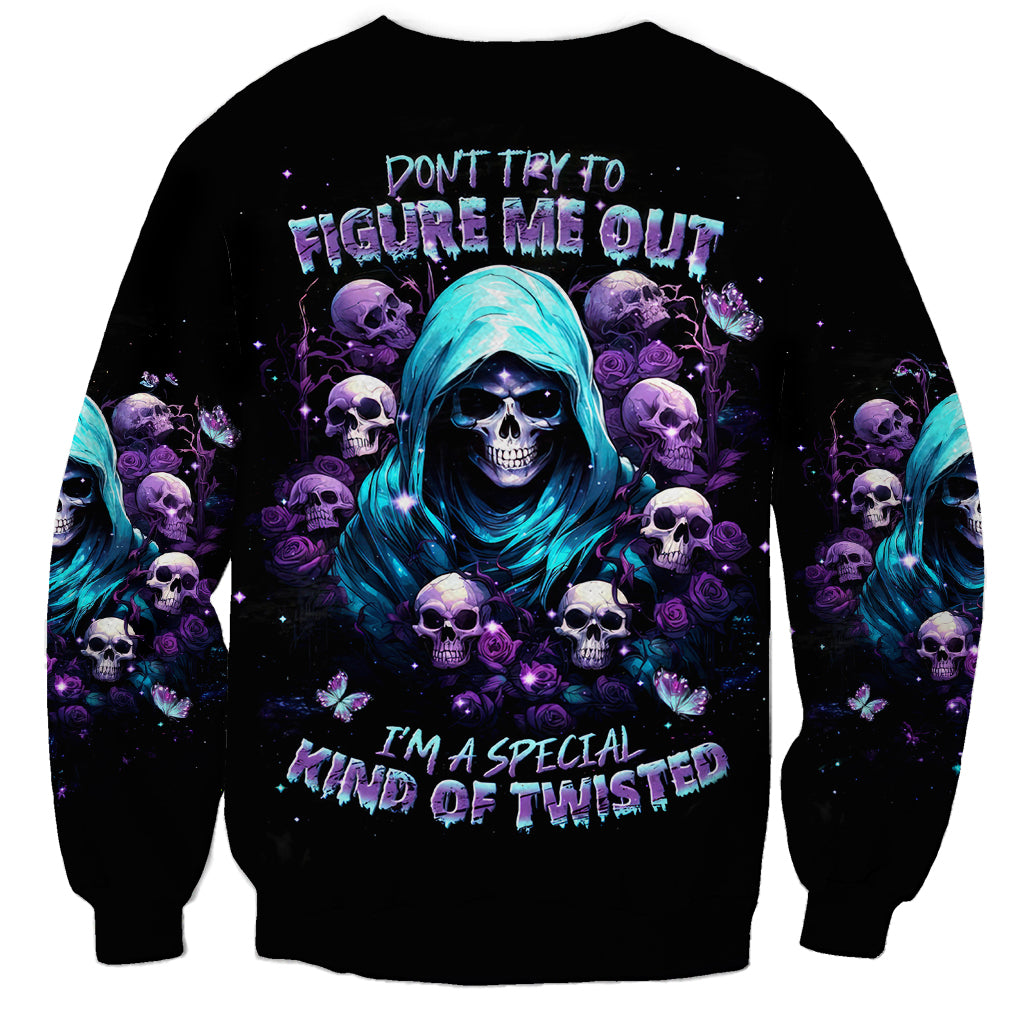 Black unisex sweatshirt with hooded skull graphic, purple lettering, long sleeves