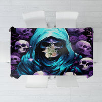 Black gothic skull and rose tablecloth with blue hooded face illustration
