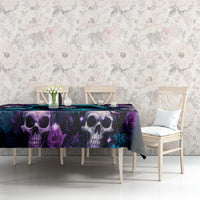 Black skull and rose tablecloth with purple skulls and dark blue accents