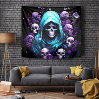 Wall hanging tapestry showing hooded reaper skull with glowing blue glow, roses, and skulls.