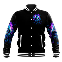 Black varsity baseball jacket with striped collar and blue-purple skull rose chest print