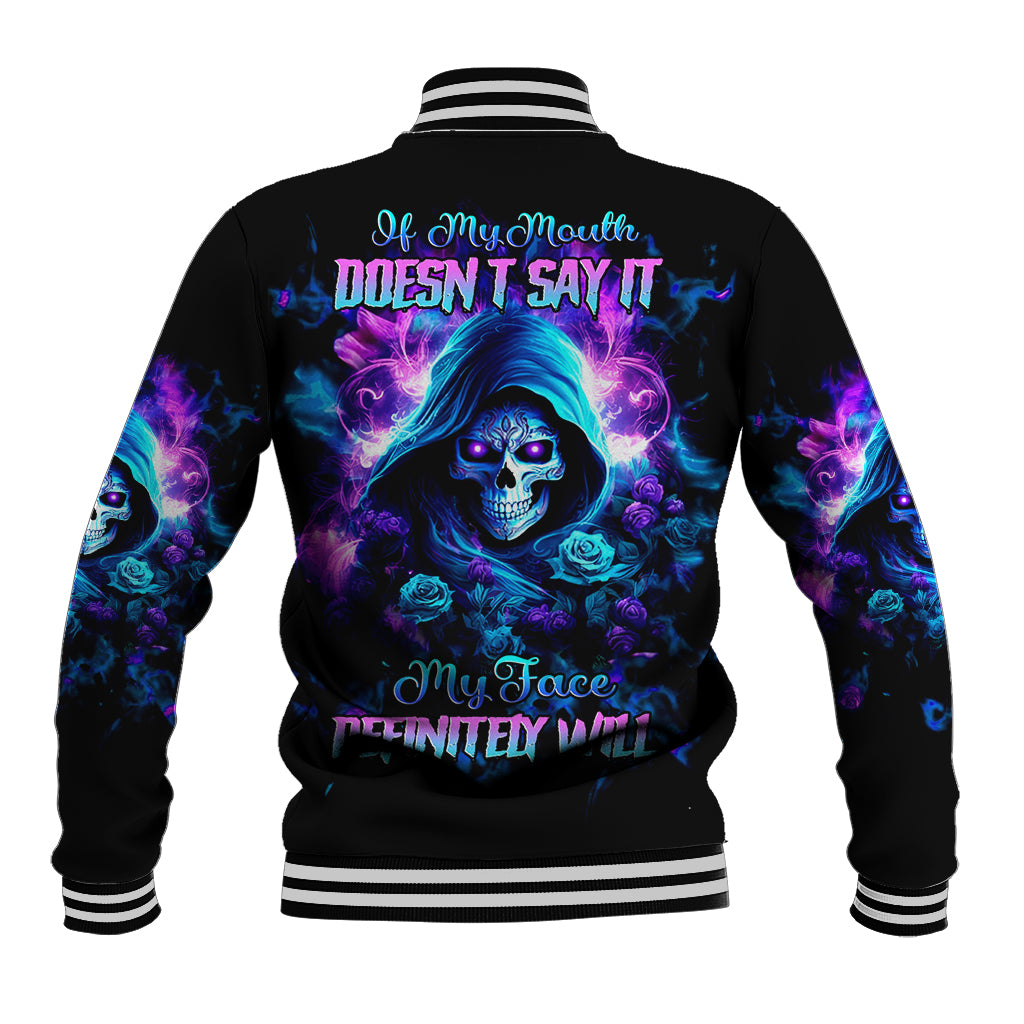 Black baseball jacket with ribbed striped collar and blue-purple skull rose graphic on back
