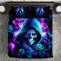 Black duvet cover and two pillowcases with blue-purple skull hood and roses