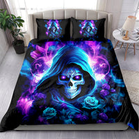 Black bedding set with duvet cover and two pillows featuring a glowing skull and roses