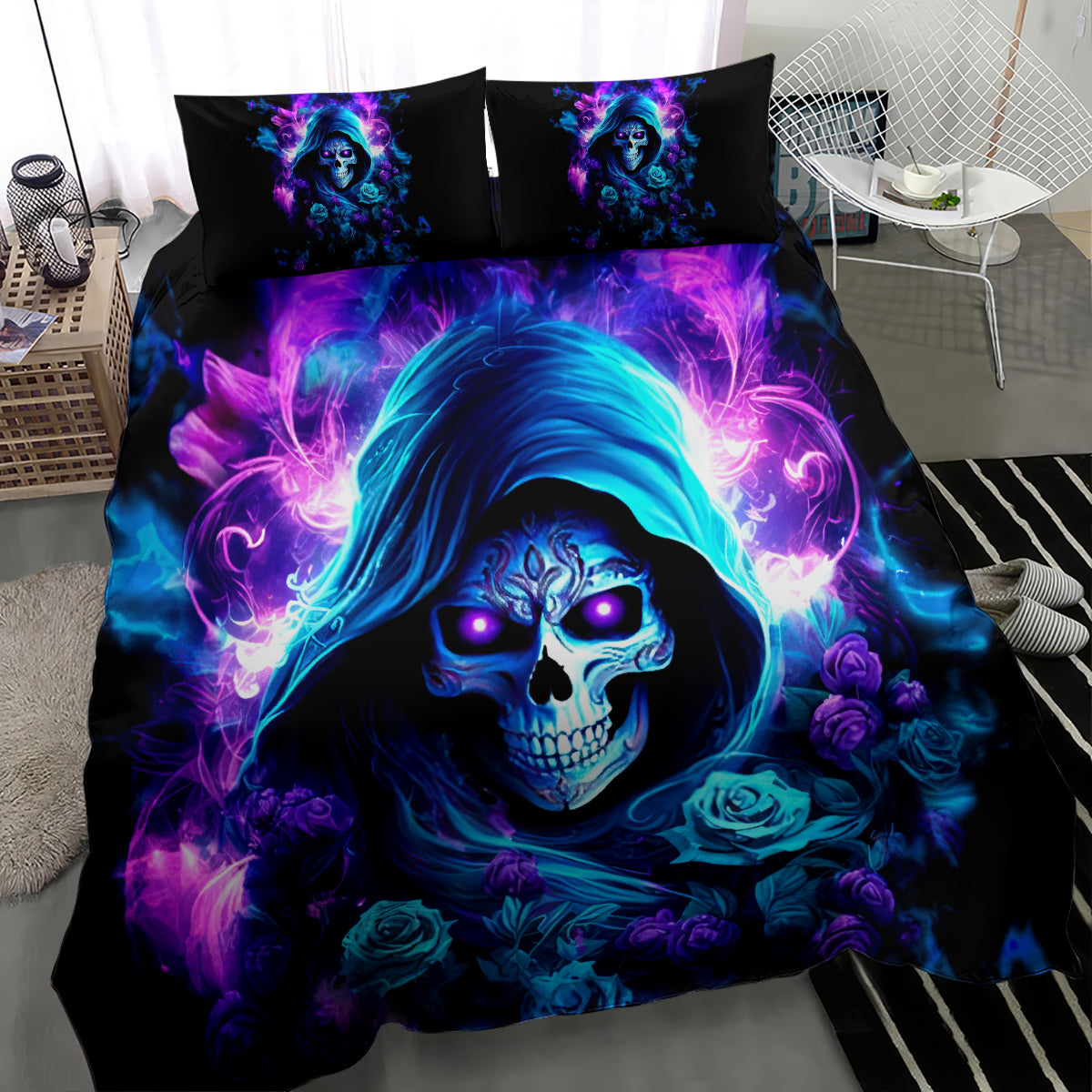 Black duvet cover and two matching pillowcases with blue-purple skull in hood and flowers