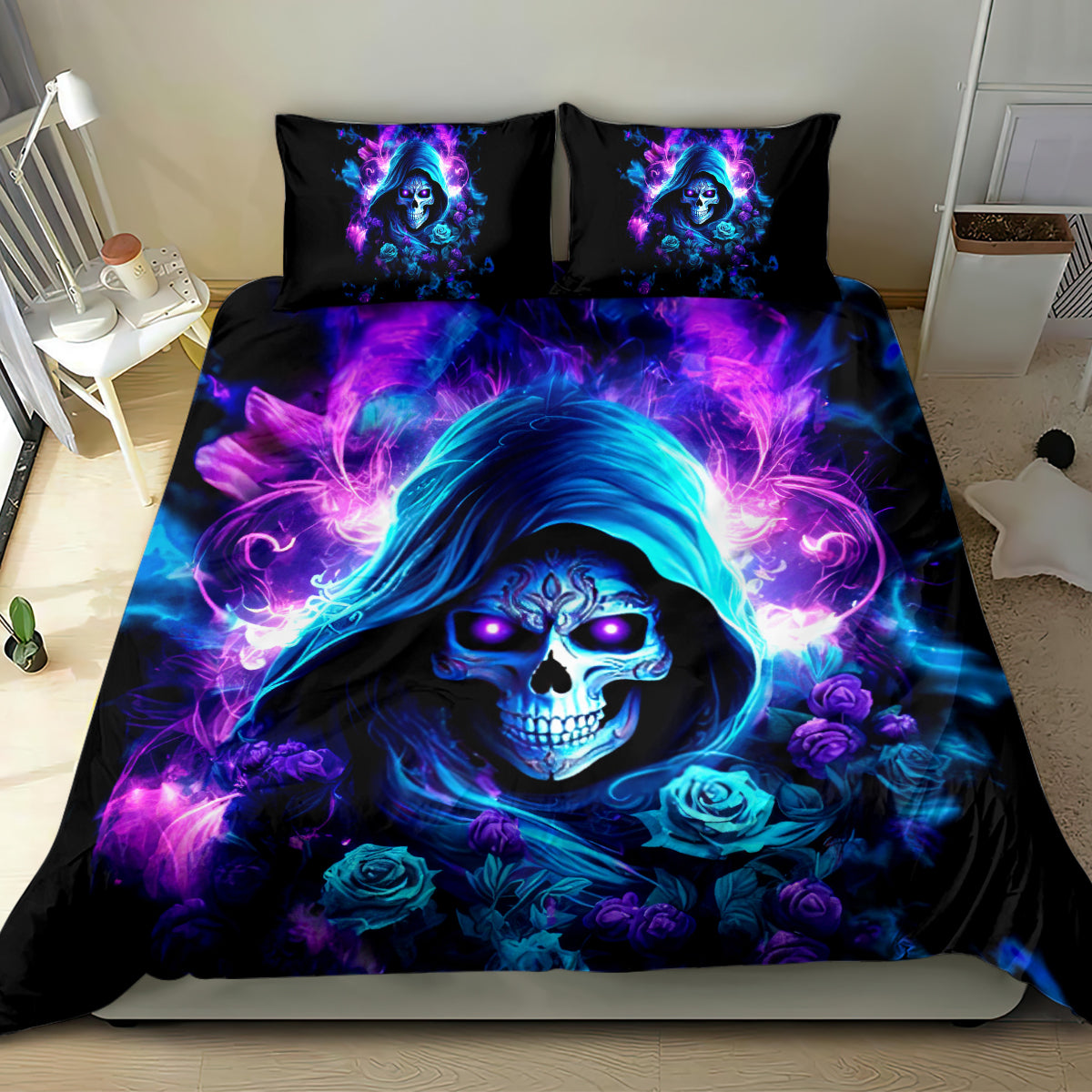 Black bedding set with duvet cover and two pillows showing a blue-purple skull and roses