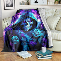 Skull and roses blanket with dark background, glowing blue hood, and purple flame accents