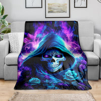 Neon skull hood blanket with dark base, blue roses, and purple aura flame design