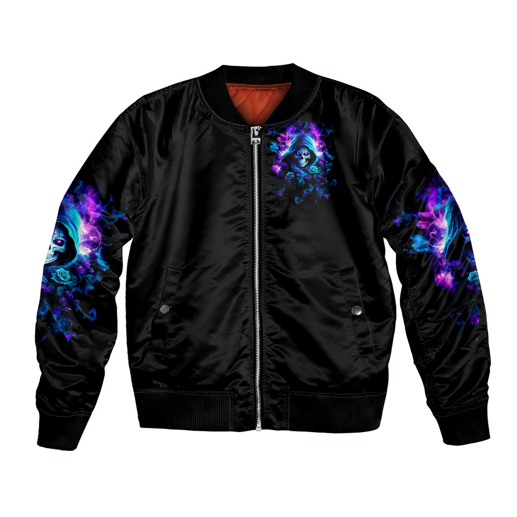 Black bomber jacket with front zipper, rose skull chest graphic and ribbed hem