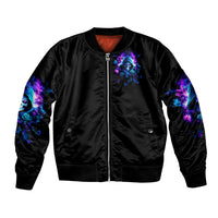 Black bomber jacket with front zipper, rose skull chest graphic and ribbed hem