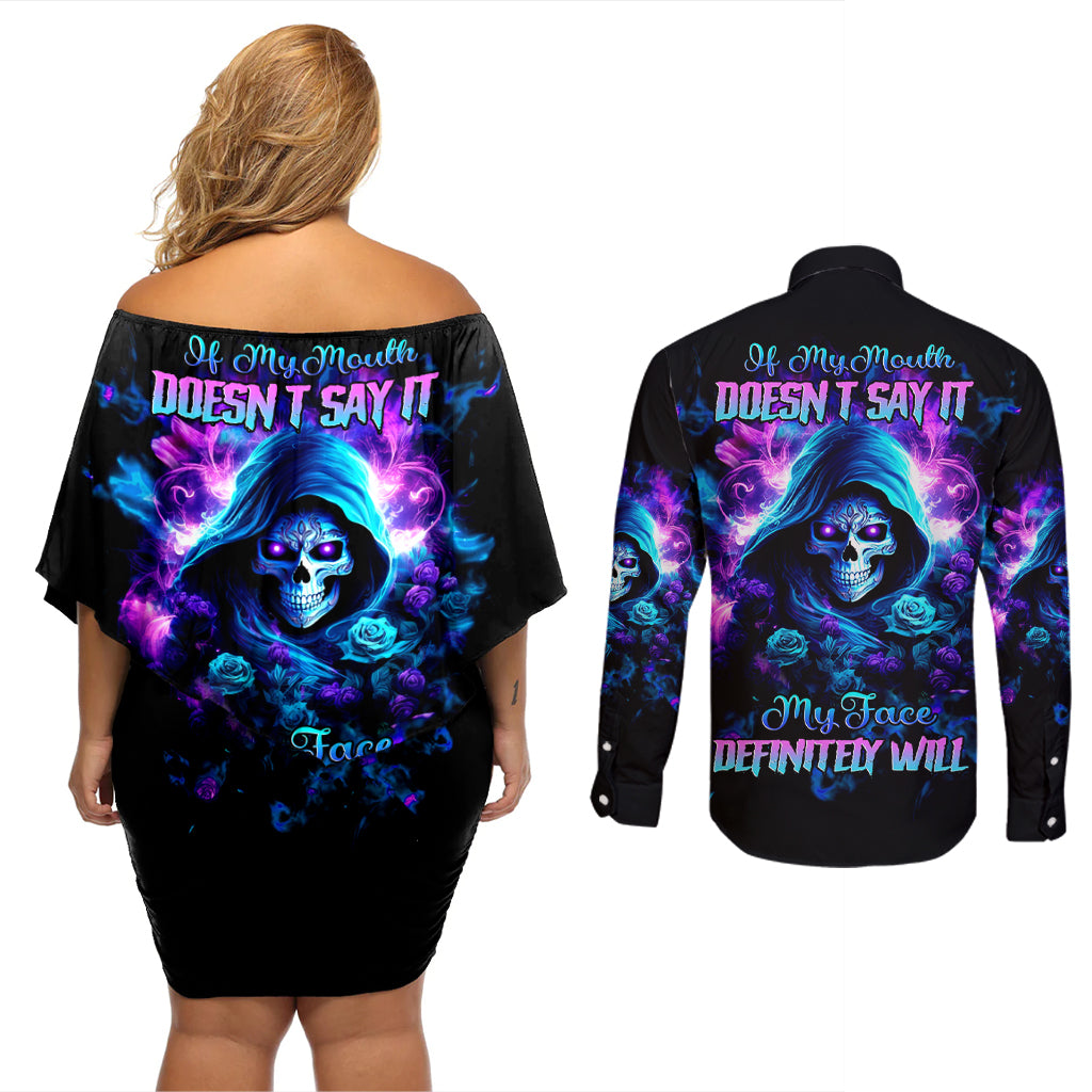 Rose Skull Couples Matching Off Shoulder Short Dress and Long Sleeve Button Shirt If My Mouth Doesn't Say It - Wonder Print Shop