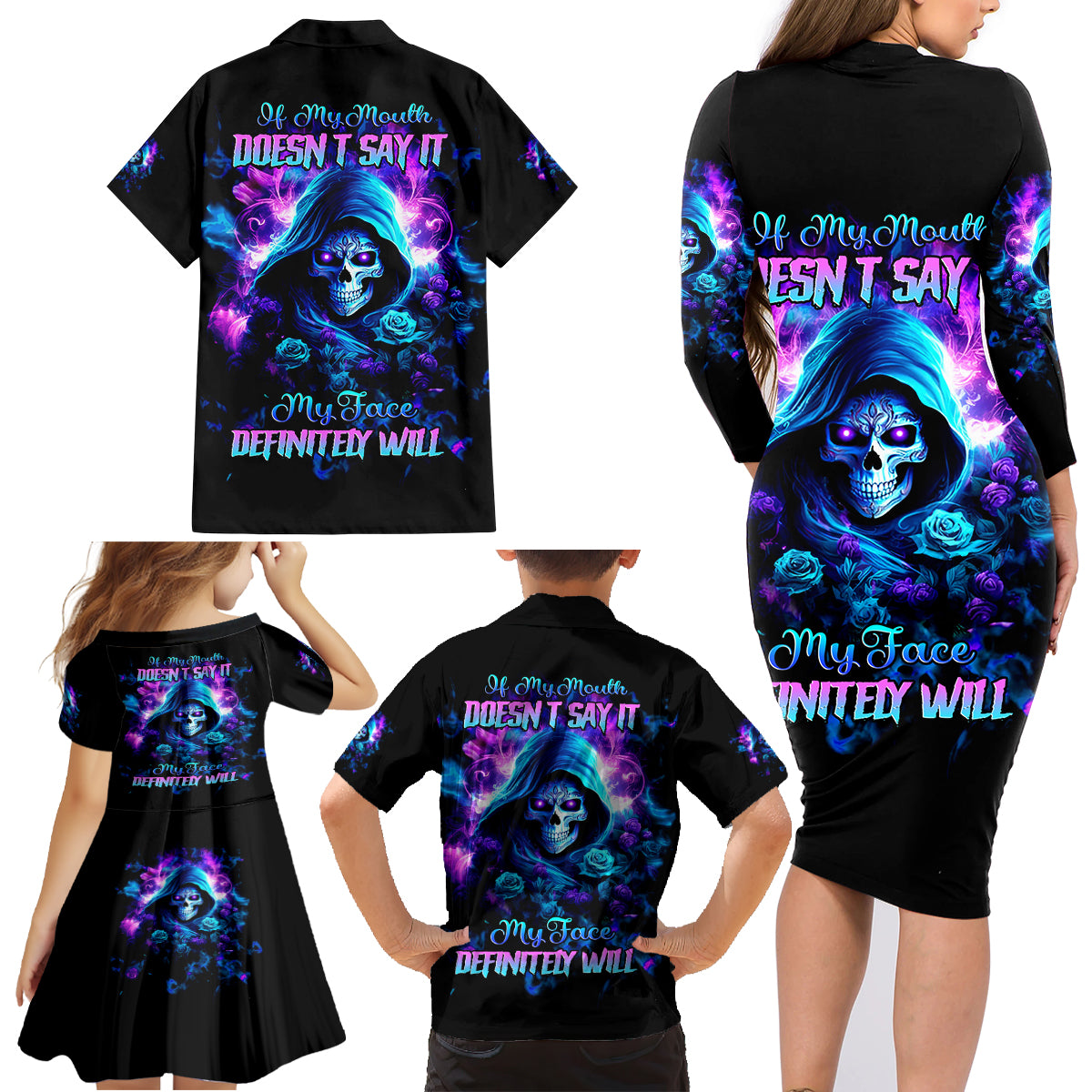 Rose Skull Family Matching Long Sleeve Bodycon Dress and Hawaiian Shirt If My Mouth Doesn't Say It - Wonder Print Shop