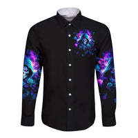 Black long sleeve button shirt with neon skull and rose graphic on front
