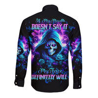 Black long sleeve button shirt with neon skull and rose graphic on back