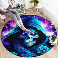 Round black rug with blue skull graphic, purple flames, and teal roses
