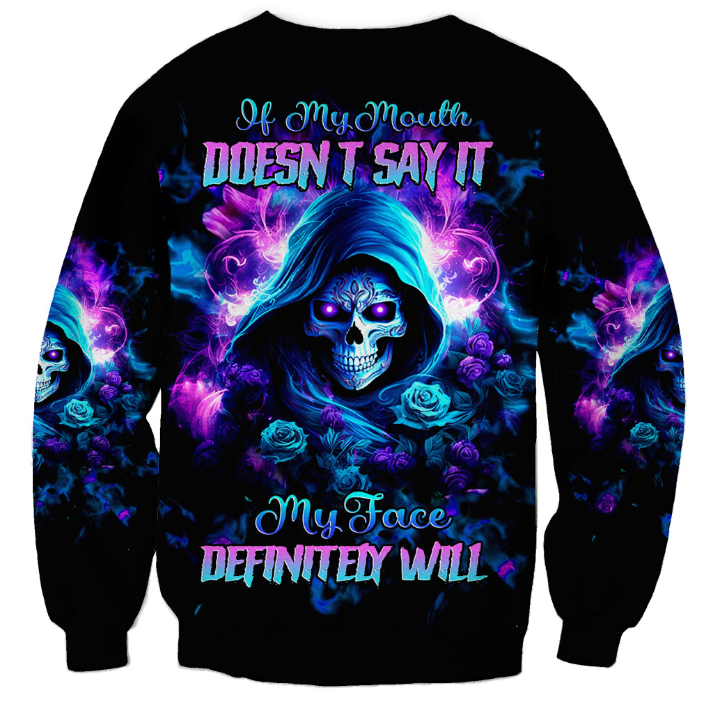 Black unisex sweatshirt with blue-purple skull and roses graphic plus slogan text