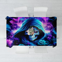 Black tablecloth with blue and purple skull and rose graphic