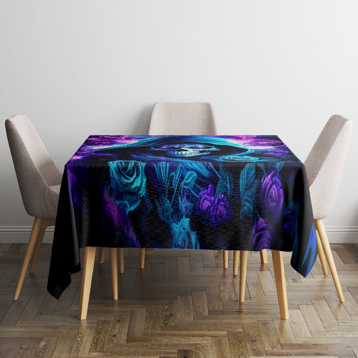 Rectangular black tablecloth with blue rose and skull pattern