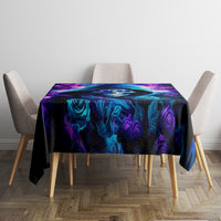 Rectangular black tablecloth with blue rose and skull pattern