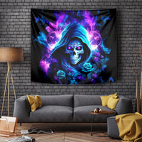Black tapestry showing hooded skull portrait with purple and blue flames and roses