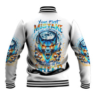 Light gray baseball jacket with wolf skull graphic and striped ribbed trim at collar and cuffs