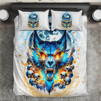 Blue fiery wolf skull duvet and two pillowcases on white