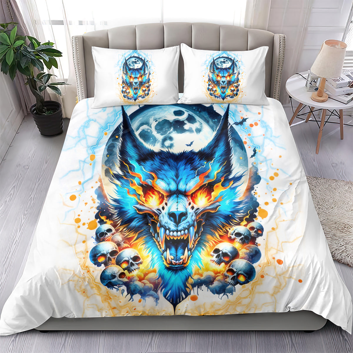 Blue fiery wolf skull duvet with moon graphic and two matching pillowcases on white