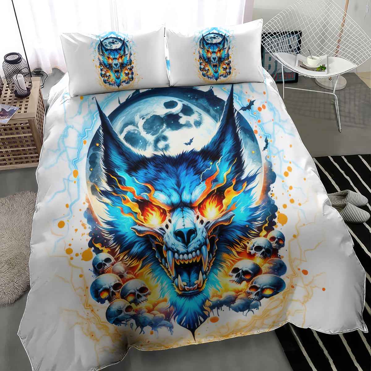 White duvet with blue flaming wolf skull, horned moon, skulls, and two pillowcases