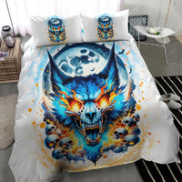 White duvet with blue flaming wolf skull, horned moon, skulls, and two pillowcases