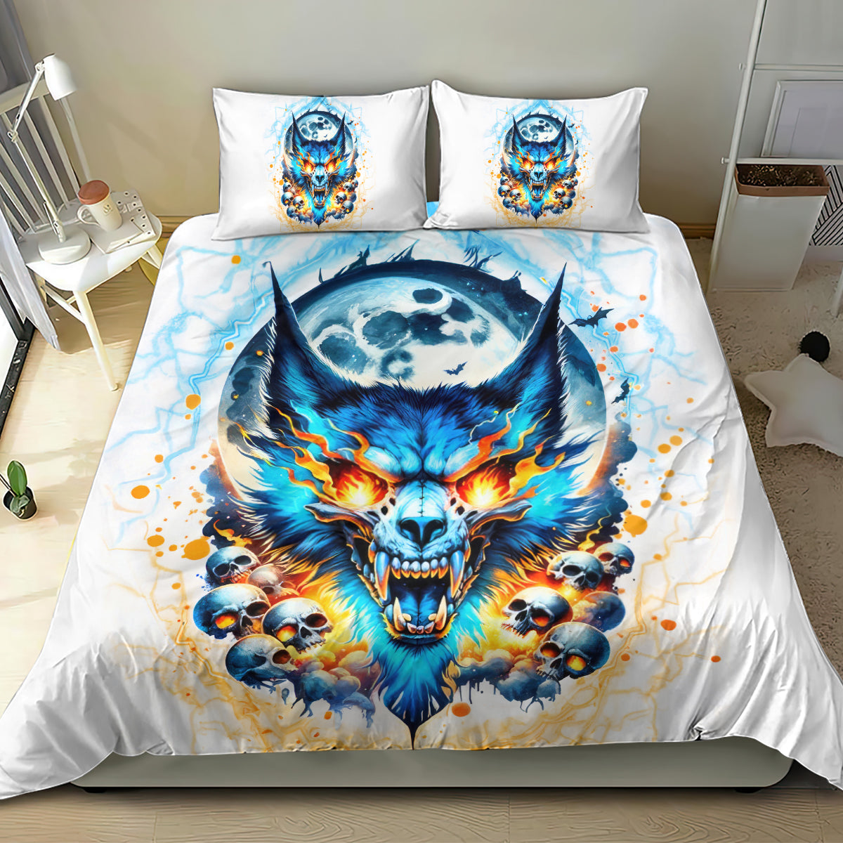 Blue flaming wolf skull bedding set with skull cluster and two pillowcases on white