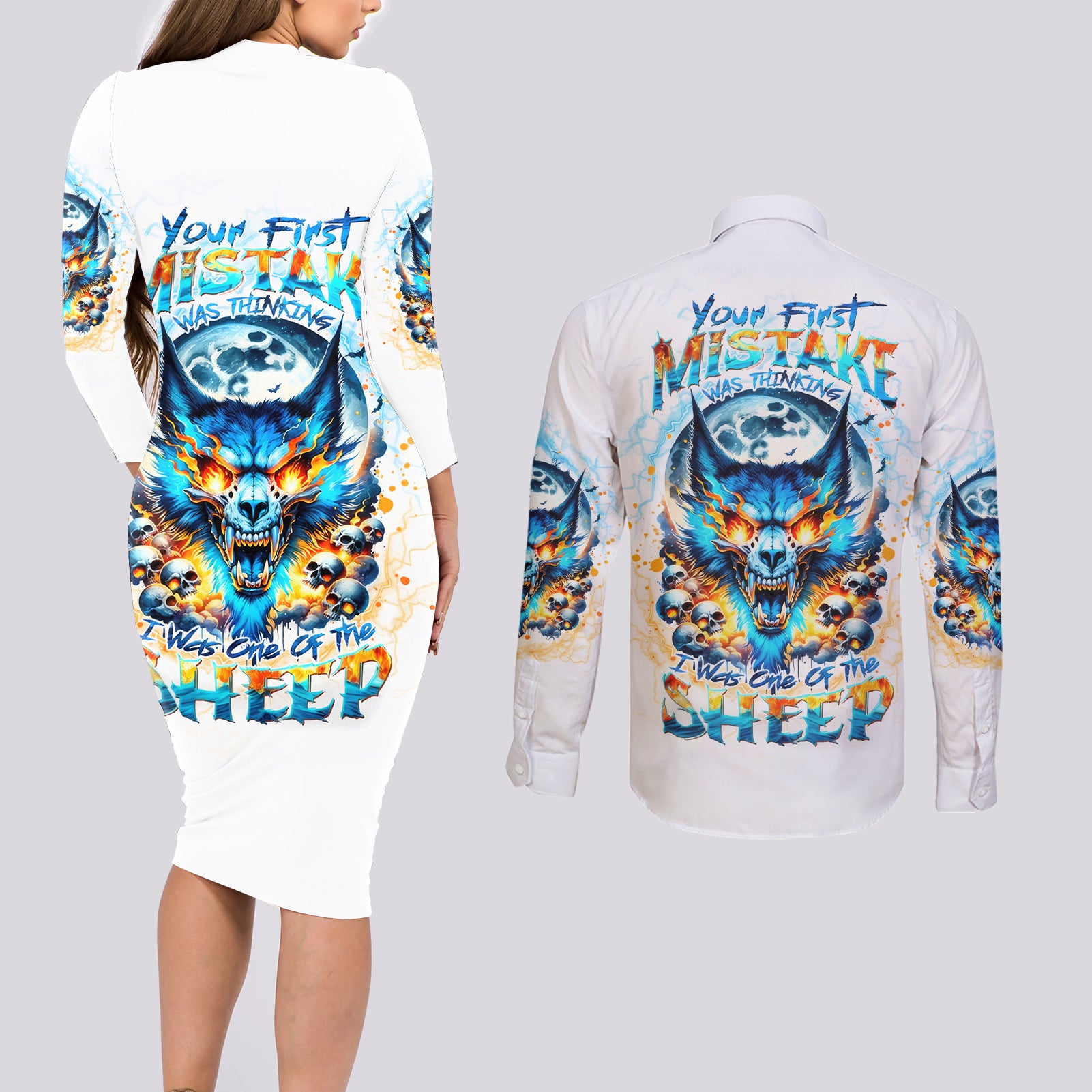 Wolf Skull Couples Matching Long Sleeve Bodycon Dress and Long Sleeve Button Shirt You First Mistake Was Thinking I Was One Of The Sheep - Wonder Print Shop