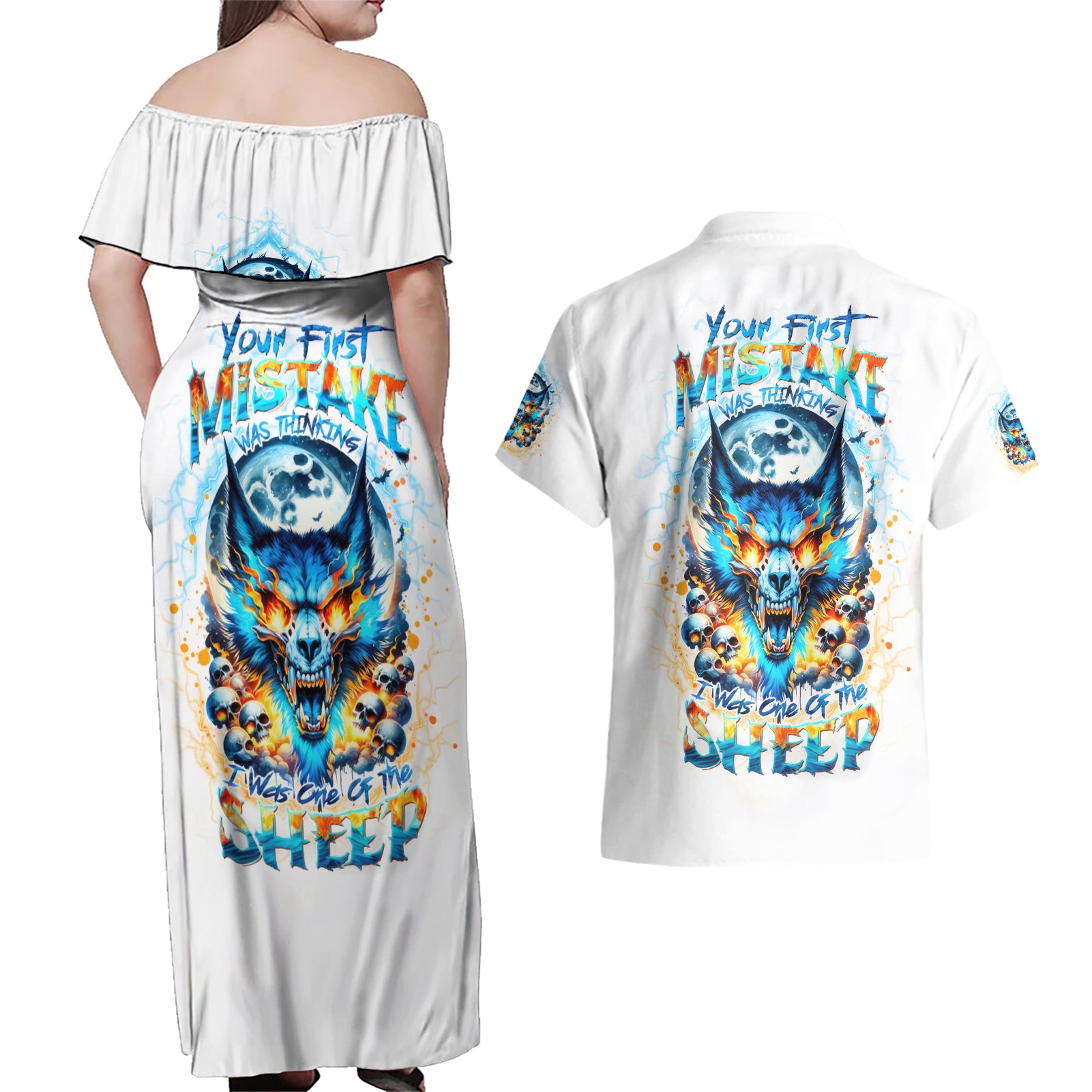 Wolf Skull Couples Matching Off Shoulder Maxi Dress and Hawaiian Shirt You First Mistake Was Thinking I Was One Of The Sheep - Wonder Print Shop