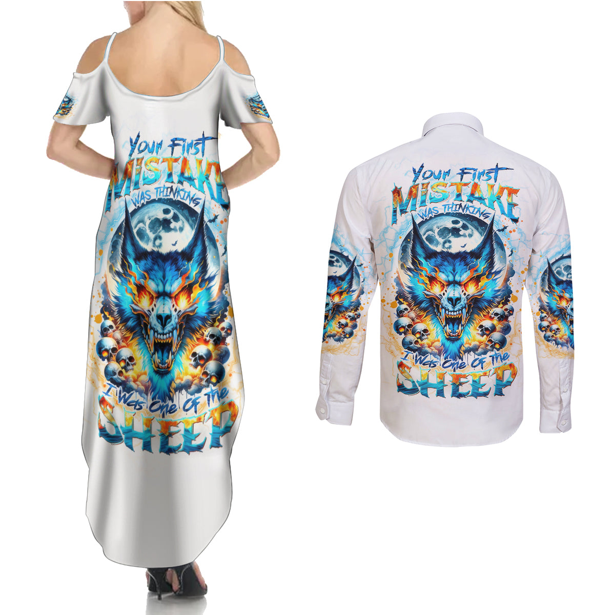 Wolf Skull Couples Matching Summer Maxi Dress and Long Sleeve Button Shirt You First Mistake Was Thinking I Was One Of The Sheep - Wonder Print Shop