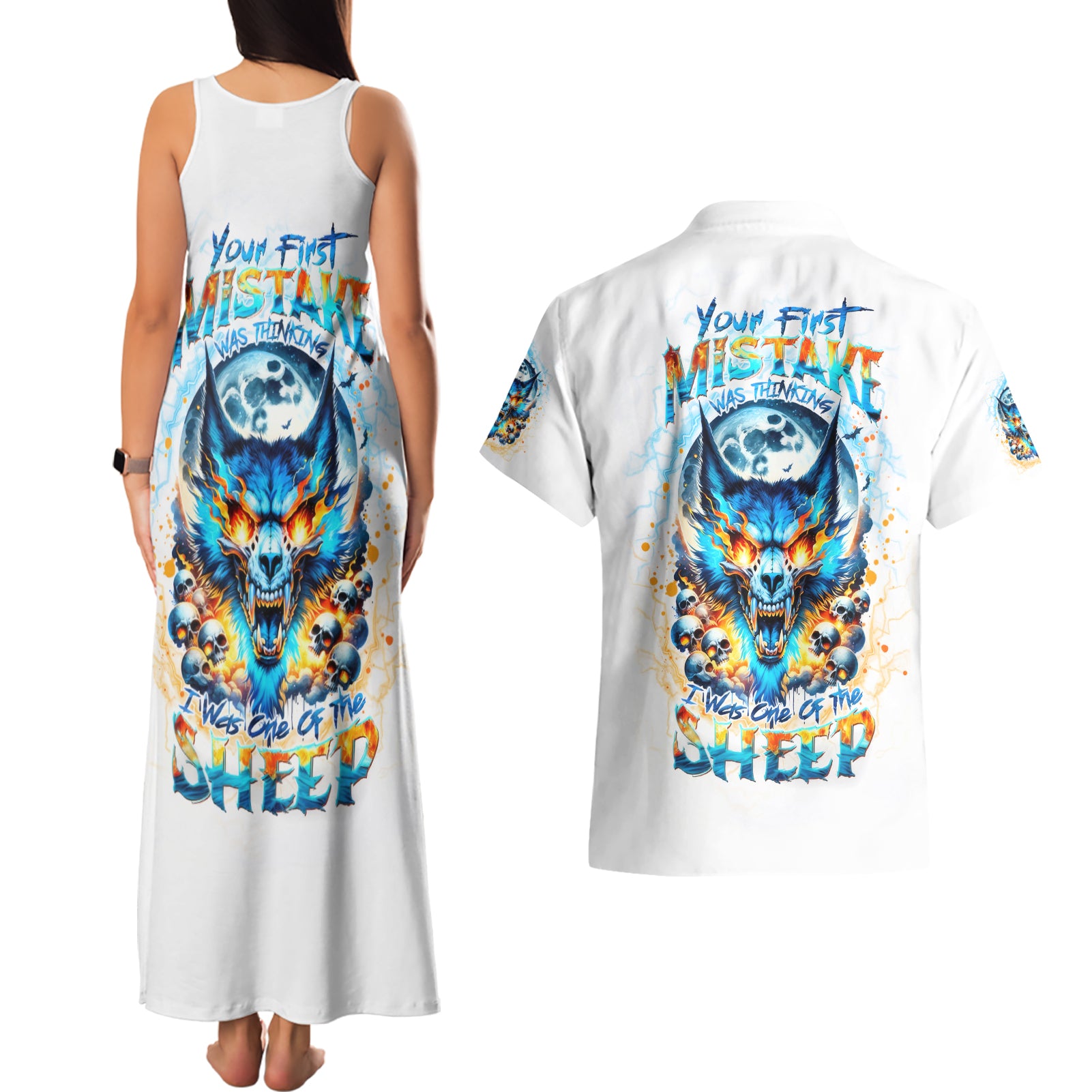 Wolf Skull Couples Matching Tank Maxi Dress and Hawaiian Shirt You First Mistake Was Thinking I Was One Of The Sheep - Wonder Print Shop