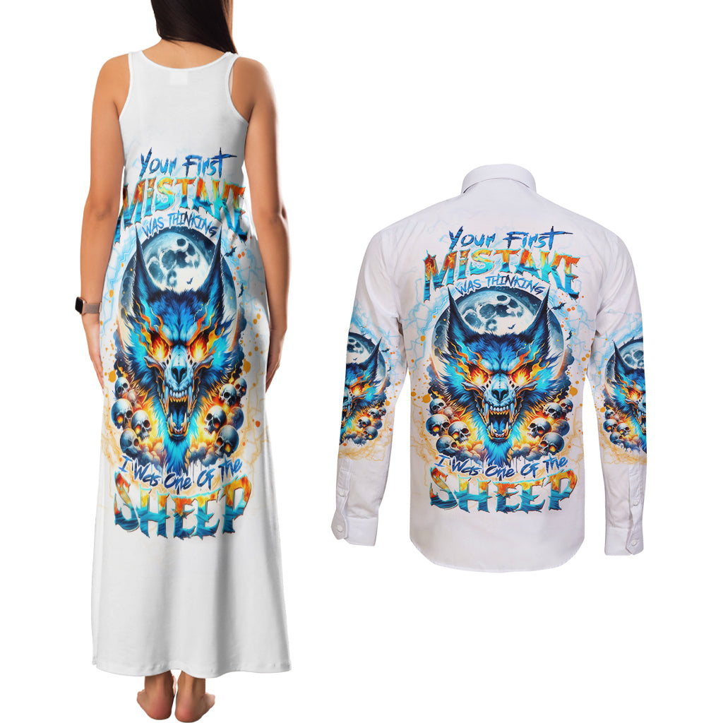 Wolf Skull Couples Matching Tank Maxi Dress and Long Sleeve Button Shirt You First Mistake Was Thinking I Was One Of The Sheep - Wonder Print Shop