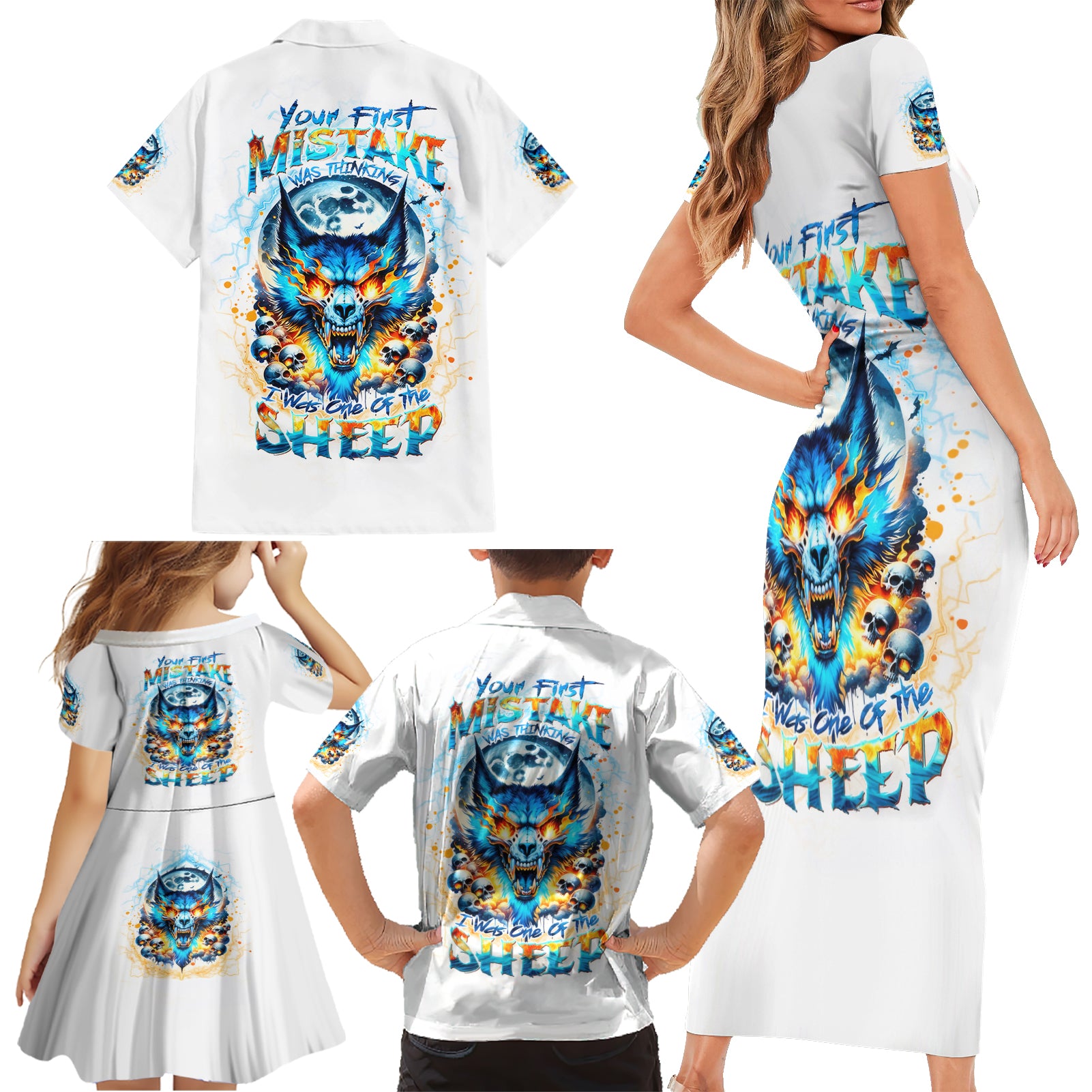 Wolf Skull Family Matching Short Sleeve Bodycon Dress and Hawaiian Shirt You First Mistake Was Thinking I Was One Of The Sheep - Wonder Print Shop