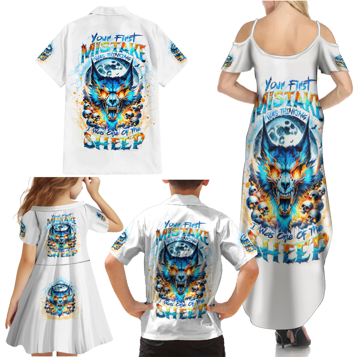 Wolf Skull Family Matching Summer Maxi Dress and Hawaiian Shirt You First Mistake Was Thinking I Was One Of The Sheep - Wonder Print Shop