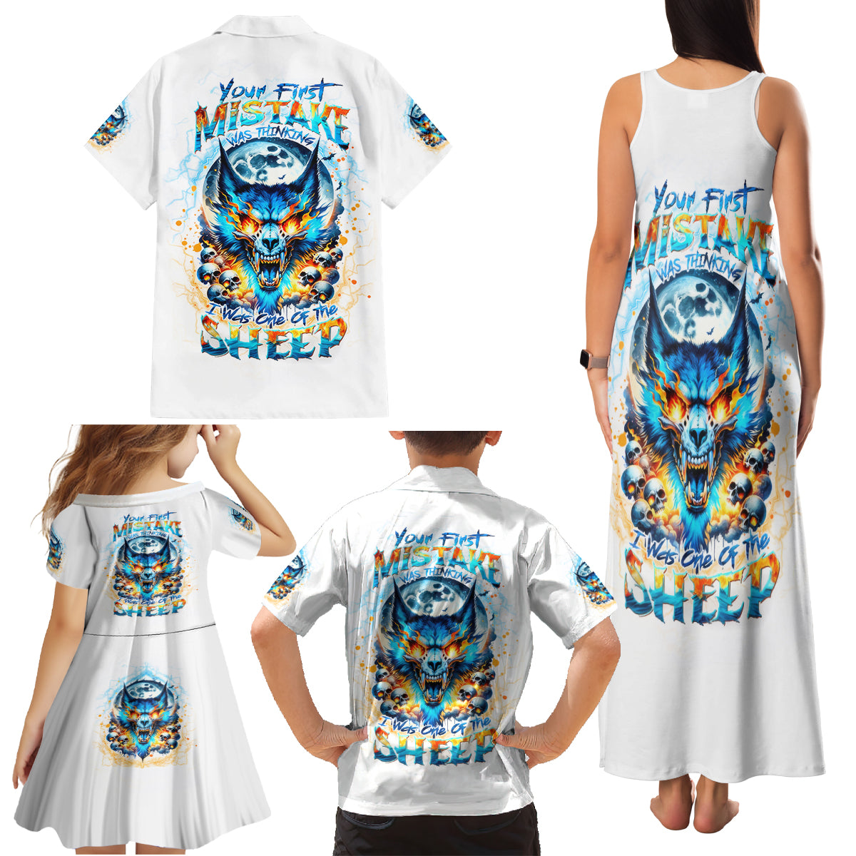 Wolf Skull Family Matching Tank Maxi Dress and Hawaiian Shirt You First Mistake Was Thinking I Was One Of The Sheep - Wonder Print Shop