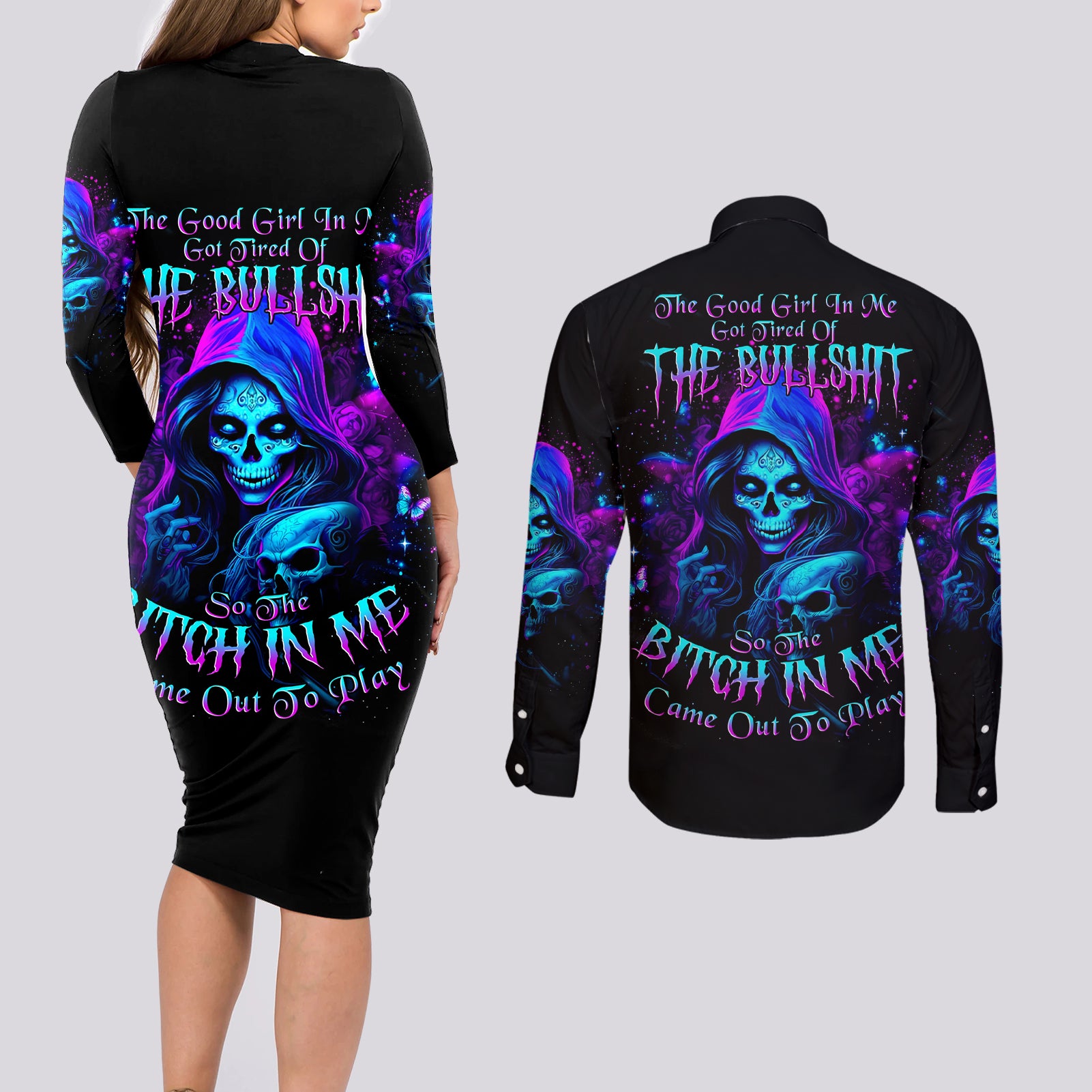 Witch Skull Couples Matching Long Sleeve Bodycon Dress and Long Sleeve Button Shirt The Good Girl In Me Got Tired Of The Bullshit - Wonder Print Shop