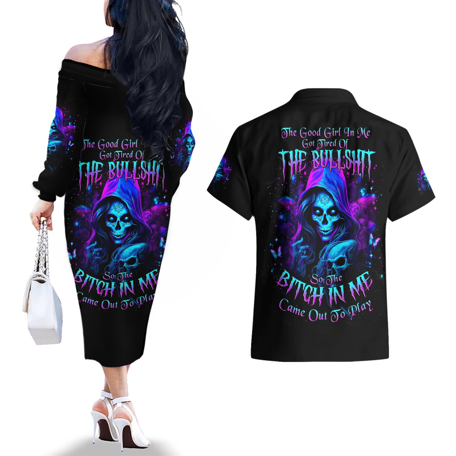 Witch Skull Couples Matching Off The Shoulder Long Sleeve Dress and Hawaiian Shirt The Good Girl In Me Got Tired Of The Bullshit - Wonder Print Shop