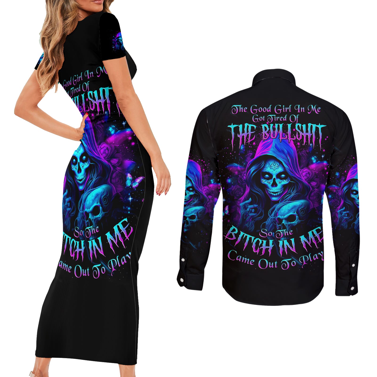 Witch Skull Couples Matching Short Sleeve Bodycon Dress and Long Sleeve Button Shirt The Good Girl In Me Got Tired Of The Bullshit - Wonder Print Shop